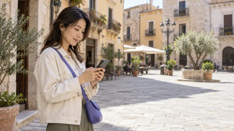 A traveler checks a meeting arrangement on her phone in a sunlit town square.