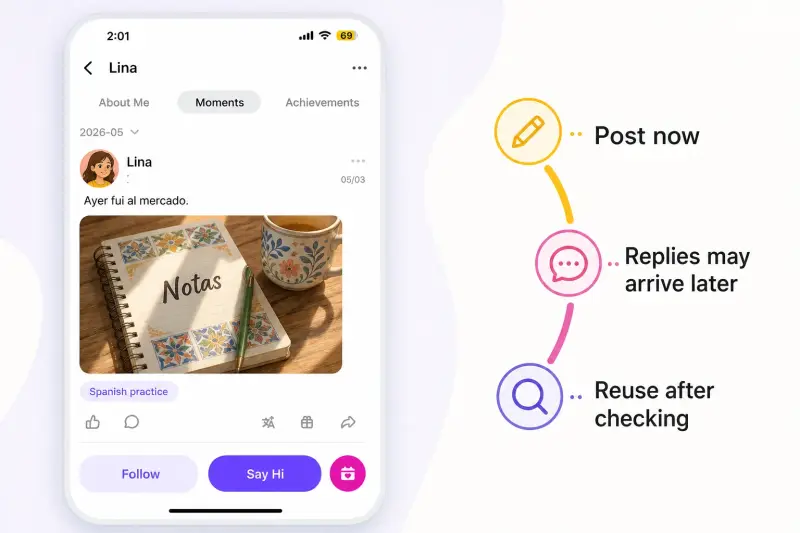 HelloTalk Moments post illustrating asynchronous Spanish feedback that may arrive after the original attempt