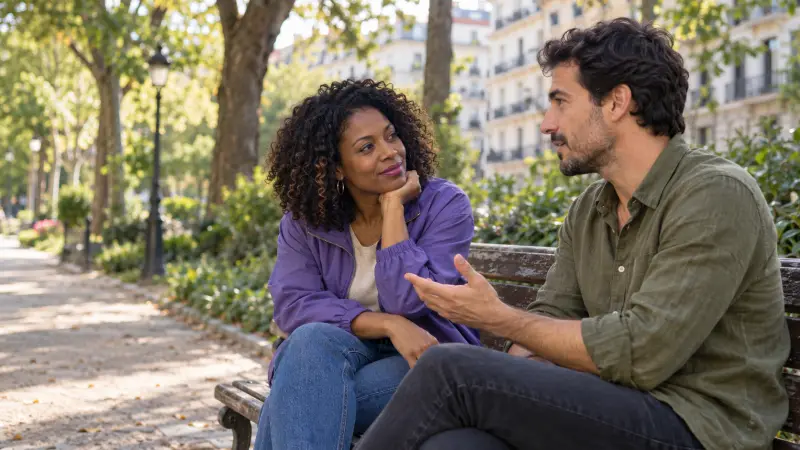 Two adults exchange different opinions during a relaxed conversation on a park bench.