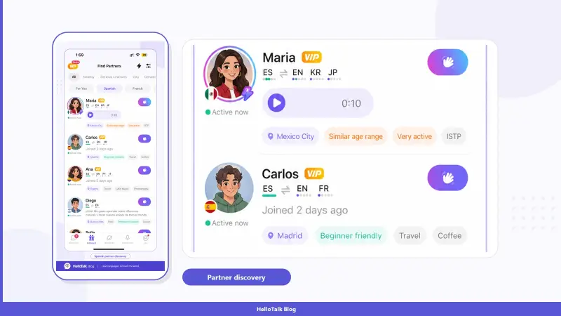 HelloTalk Spanish partner matching screen showing country-based native speaker discovery for language exchange