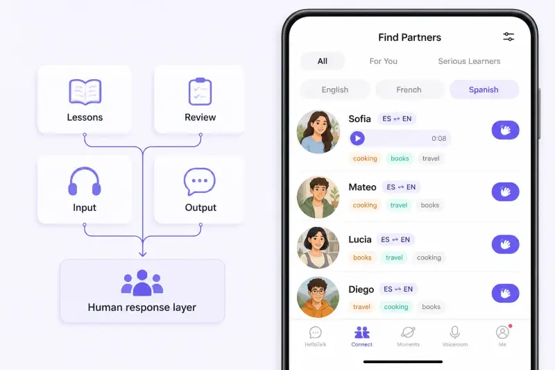 HelloTalk partner discovery screen illustrating the human response layer in a fast-start Spanish resource stack