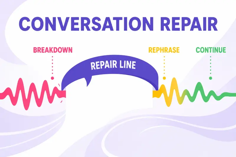 Spanish conversation repair infographic showing a repair line bridging a breakdown and helping the exchange continue