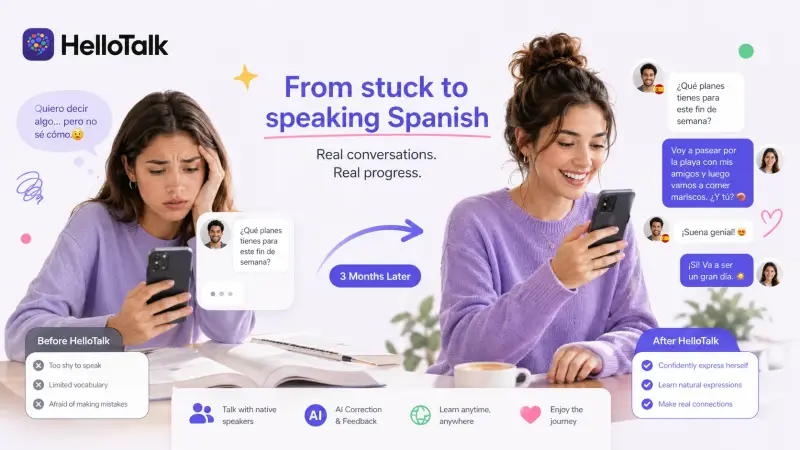 A Spanish learner's progress from hesitant first messages to comfortable conversations