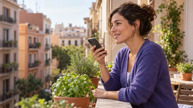 A learner records a Spanish story as a voice message on a quiet balcony.