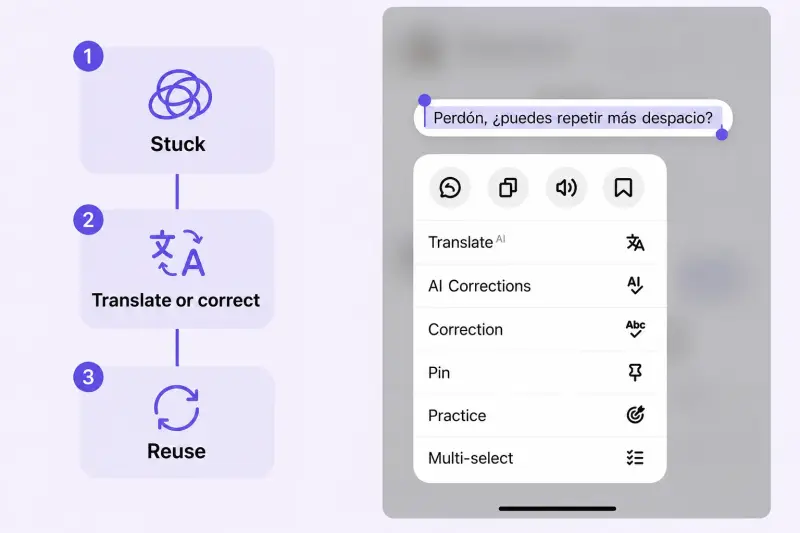 HelloTalk message action menu showing translation and correction tools for a stuck Spanish conversation