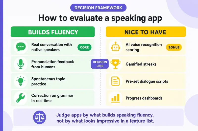 Speaking app fluency feature framework infographic