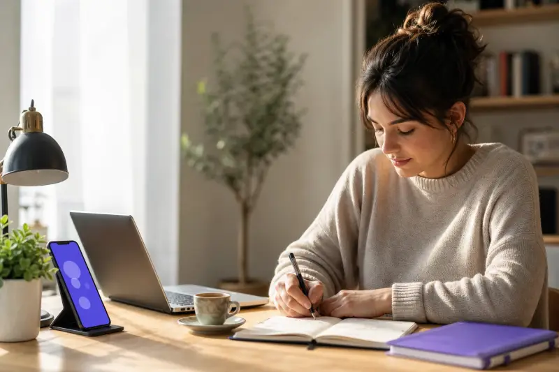 Student taking notes while using a language learning app