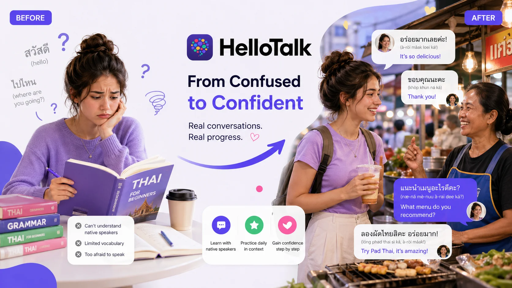 Before-and-after comparison of a Thai learner's speaking progress — from struggling with basic tones in week 1 to holding a 5-minute conversation with a native speaker by week 8