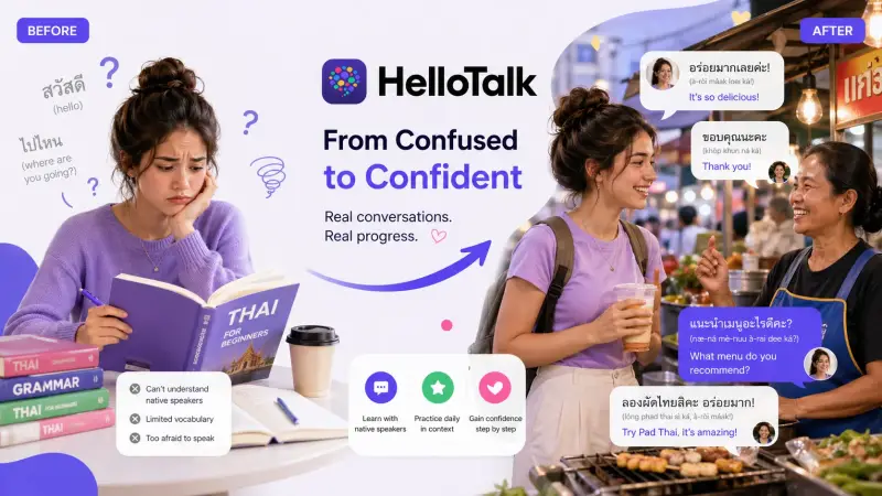 Before-and-after comparison of a Thai learner's speaking progress â from struggling with basic tones in week 1 to holding a 5-minute conversation with a native speaker by week 8