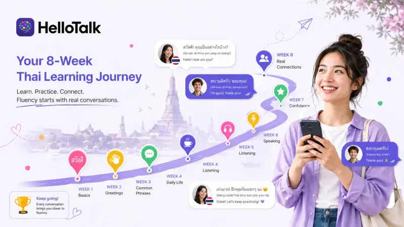 8-week Thai language learning plan infographic showing weekly goals from Thai tones and alphabet basics in week 1 to real conversations with native speakers by week 8