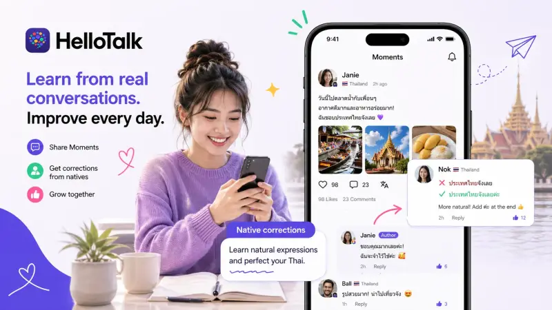 HelloTalk Moments feed showing a Thai learner posting a sentence in Thai and receiving corrections and encouragement from native Thai speakers around the world