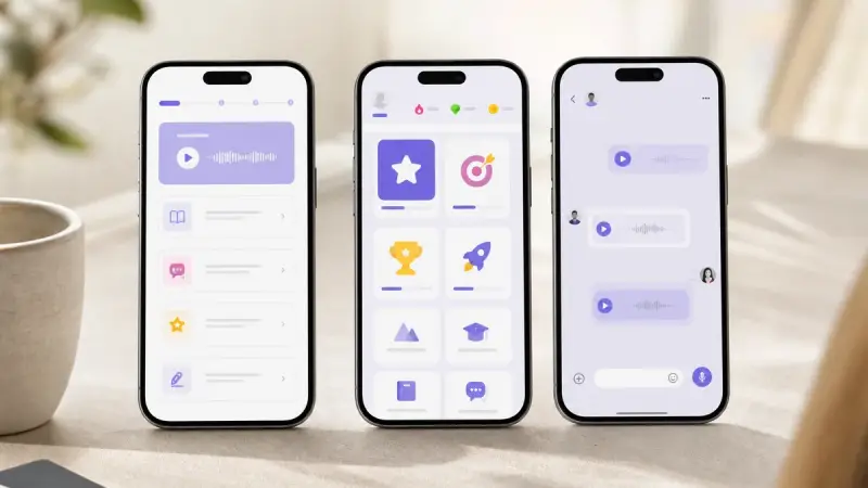 Three phones side by side comparing German learning apps