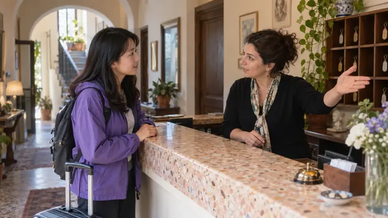 A traveller listens to the reply while checking into an Italian hotel.