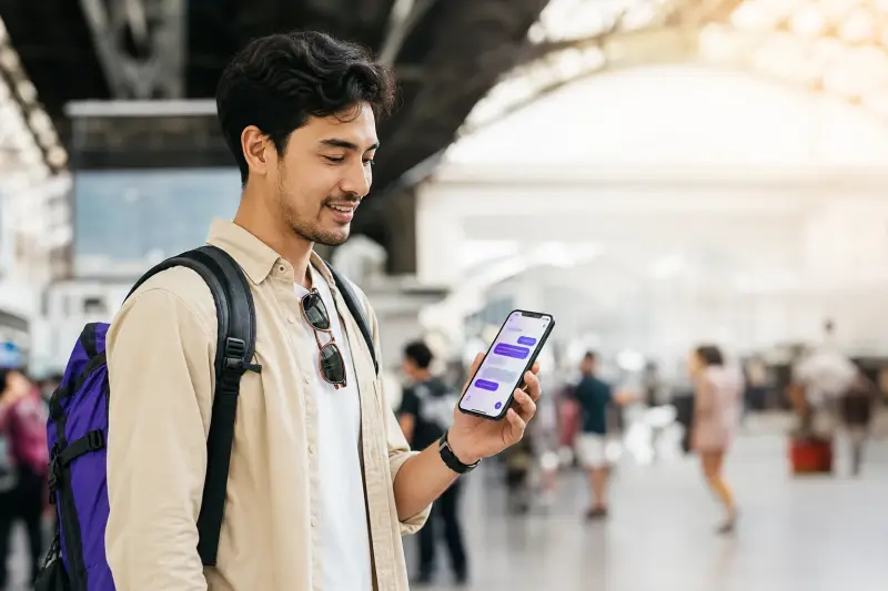 Traveler using a language app at a station