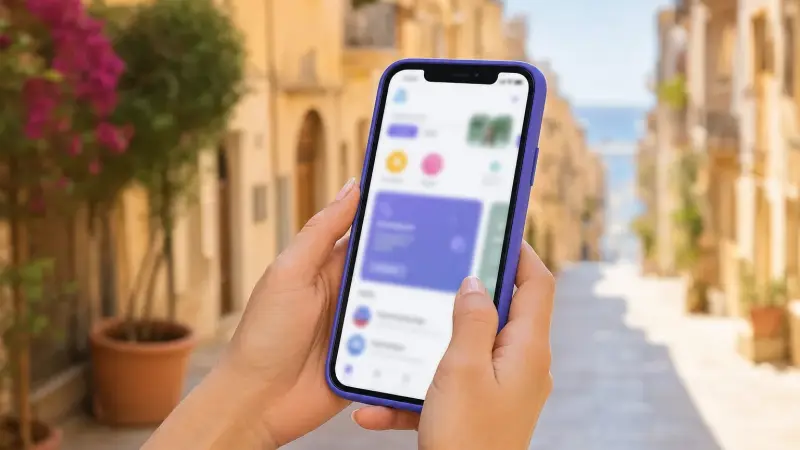Traveler using a Spanish app on a city street