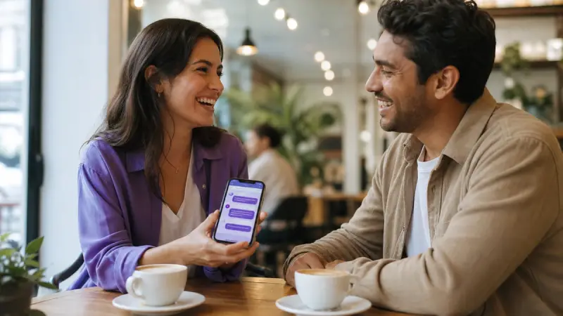 Two friends chatting in Spanish over coffee with a phone between them