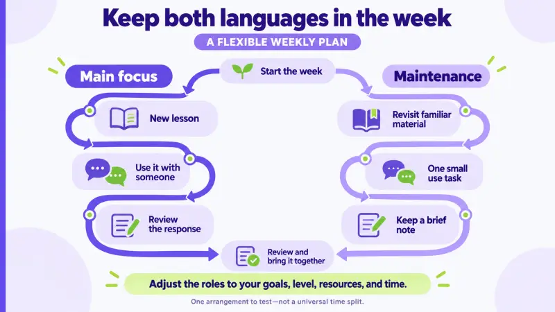 Complementary main-focus and maintenance practice tracks for learning two languages