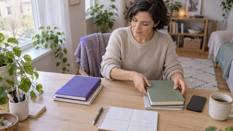 A learner sets out separate study materials for two languages before planning her practice week.