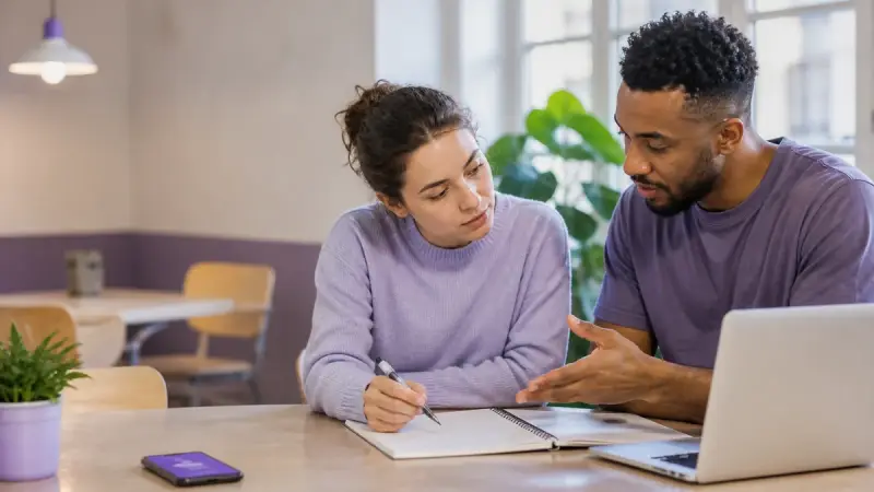 Two people studying French side by side at a shared table