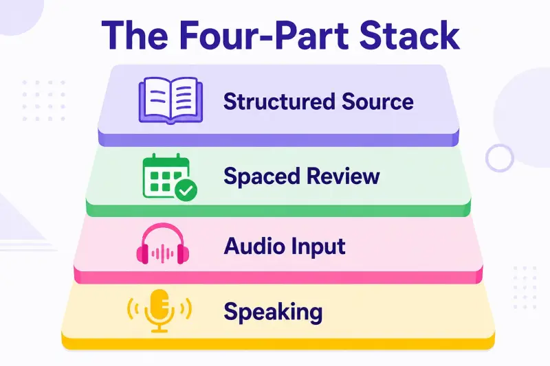The universal four-part language learning stack: structured source, spaced review, audio input, and speaking