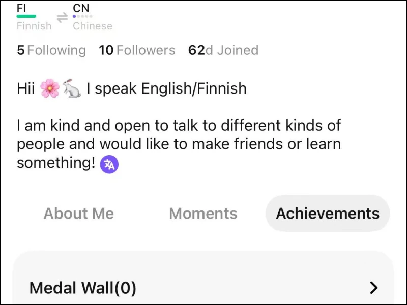 Finnish and Chinese language exchange user profile