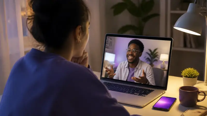 Learner on a video call with a French-speaking exchange partner