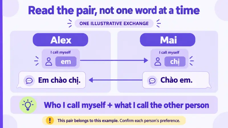 Vietnamese dialogue showing em and chị as a pair between two specific speakers