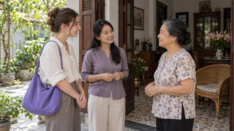 A visitor is introduced to a Vietnamese friend's parent before a shared conversation.