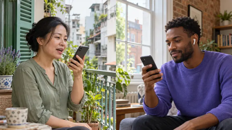 A Vietnamese speaker and a learner exchange voice messages from their own everyday settings.