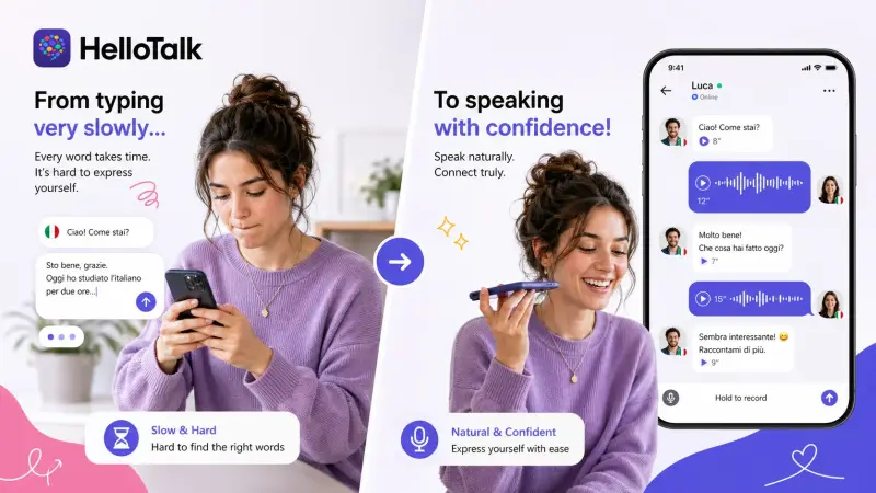HelloTalk user sending a voice message in English to a native speaker for daily output practice and real-time corrections outside classroom hours