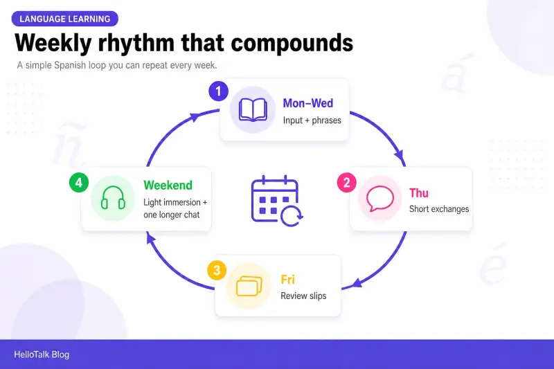 Weekly Spanish study rhythm cycle