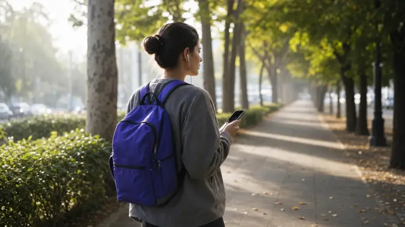 Woman listening to French on a park walk