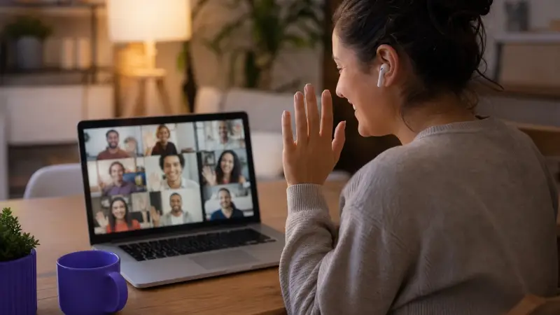 Woman meeting international friends by video call