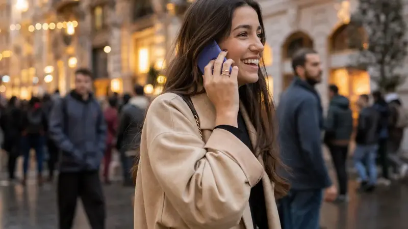 Woman practicing English on a city phone call