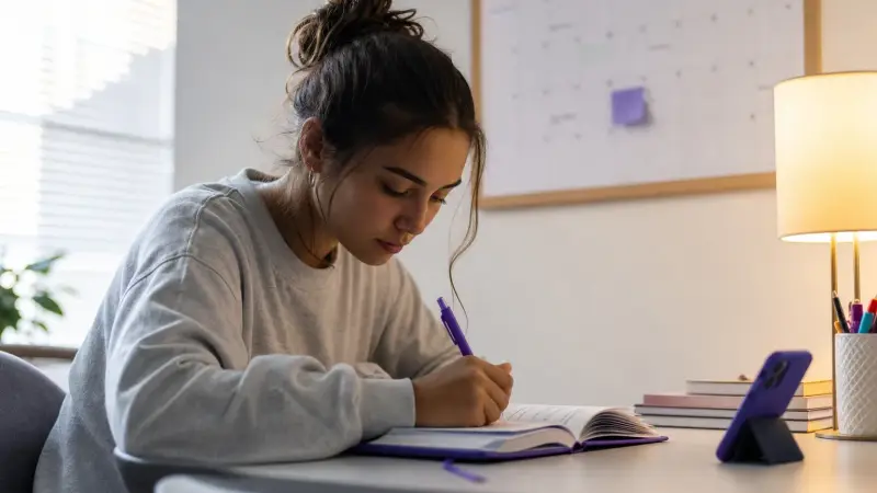 Woman studying Spanish with a phone and notebook